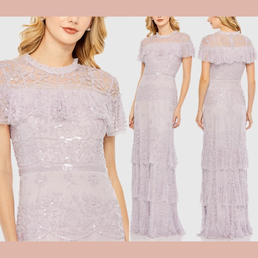 NWT MAC DUGGAL [ 10 ] 9195 Embellished Cap Sleeve Ruffle Tiered Gown Lilac J2148